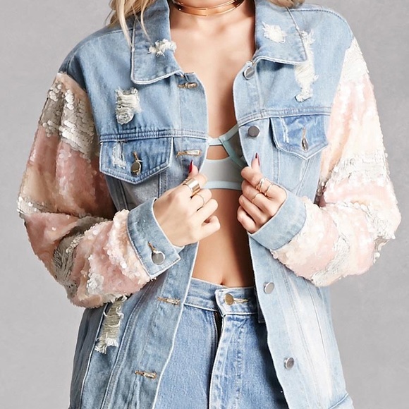 jean jacket with sequin sleeves